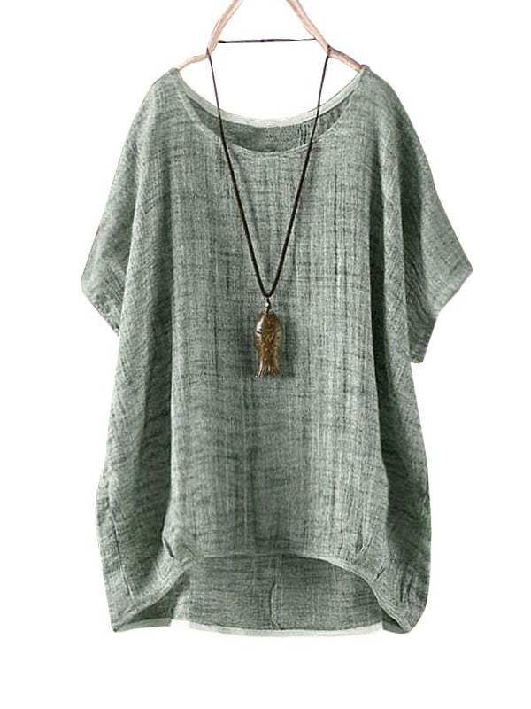 2019 Summer Women Solid Loose Blouse Plain O-Neck Tops Ladies Casual Shirt Blusas Asymmetrical Short Batwing Sleeve Feminina