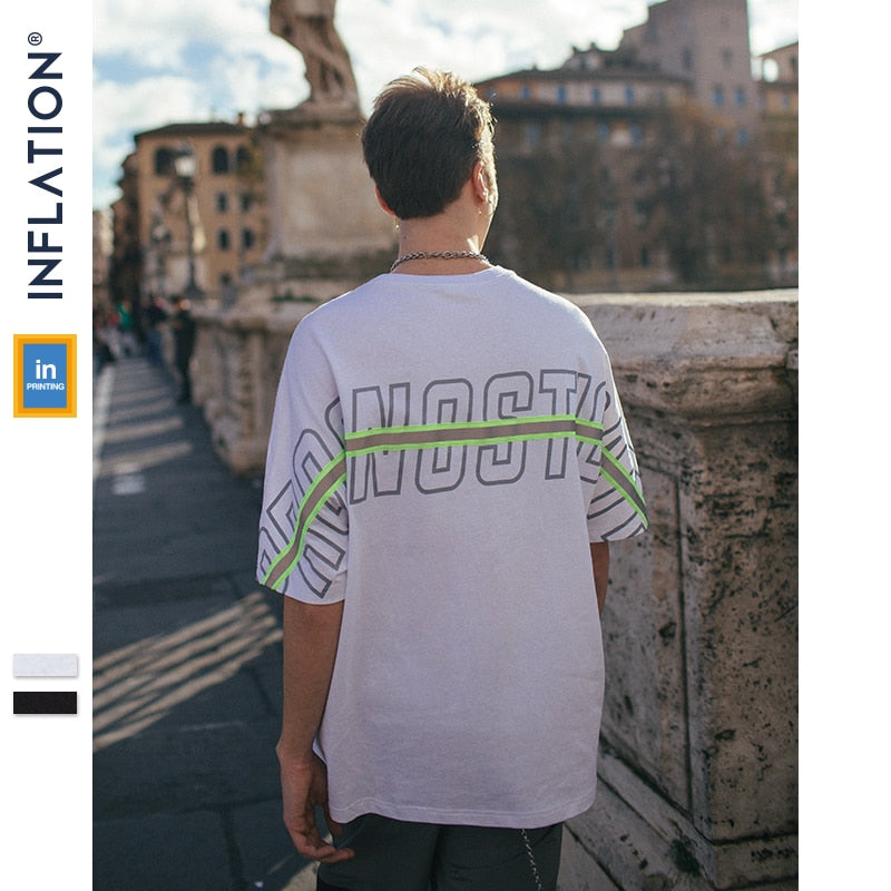 INFLATION Reflect Stripe Tee Drop Shoulder Streetwear Men 2019 Harajuku Tee Shirt Fashion Loose Fit Short Sleeve T-shirt 9164S