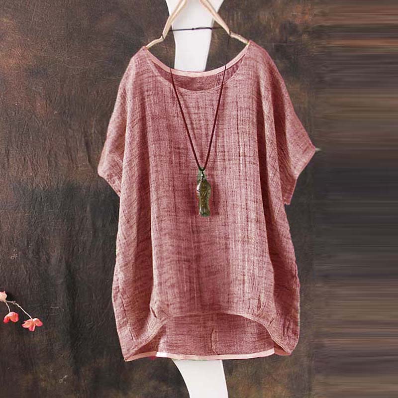 2019 Summer Women Solid Loose Blouse Plain O-Neck Tops Ladies Casual Shirt Blusas Asymmetrical Short Batwing Sleeve Feminina