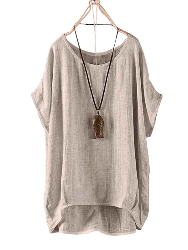 2019 Summer Women Solid Loose Blouse Plain O-Neck Tops Ladies Casual Shirt Blusas Asymmetrical Short Batwing Sleeve Feminina